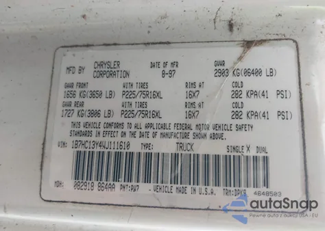 1998 Dodge Ram 1500 St из США, поврежденный, VIN 1B7HC13Y4WJ111610